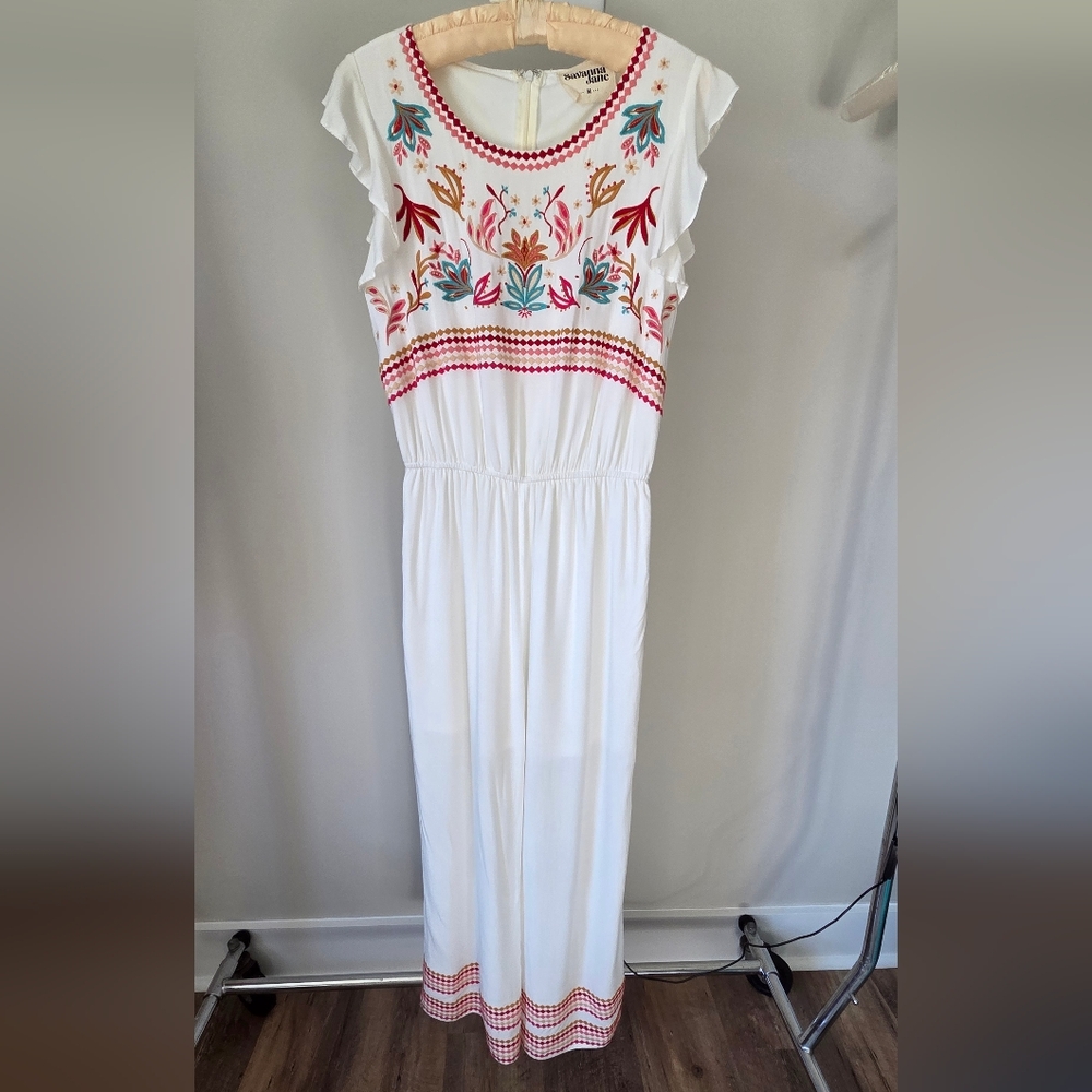 Savanna Jane White Embroidered Boho Jumpsuit Sz Medium